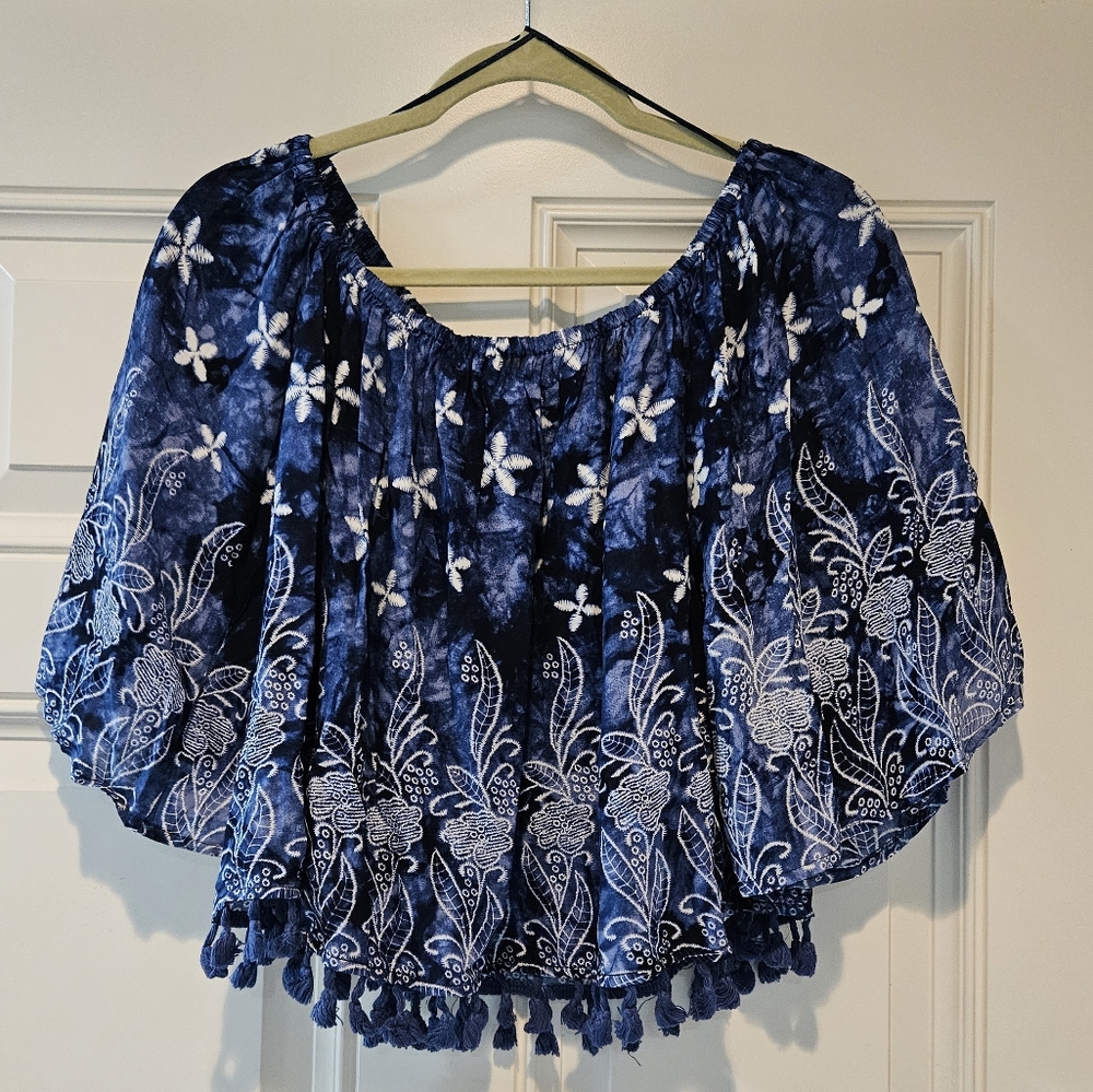 Abbeline Boho Crop Swing Top Off The Shoulders Tassel Hem Blue Batik Print M NWT